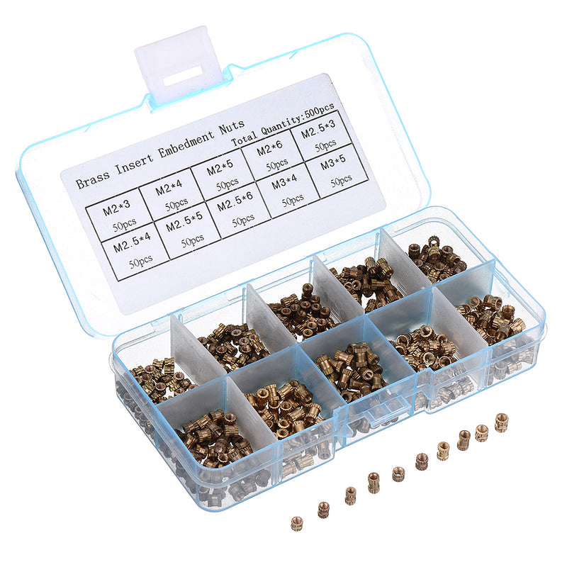 Suleve MXBN2 500Pcs M2/M2.5/M3 Metric Threaded Brass Knurl Round Insert Nut Assortment Set