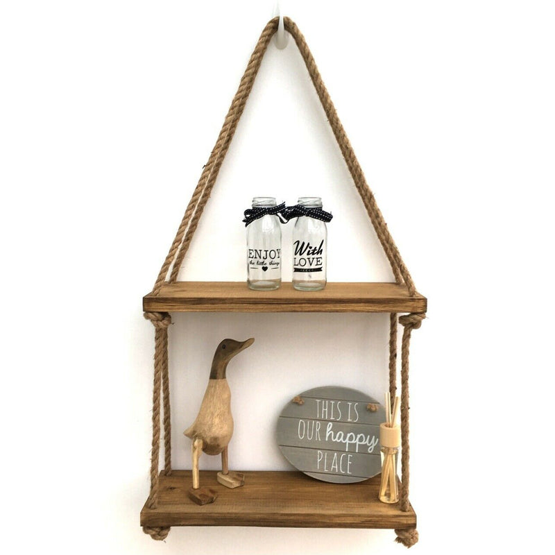 1/2/3Tier Wooden Wall Mounted Rope Floating Storage Shelf Kitchen Rack Hanging Shelves Holder