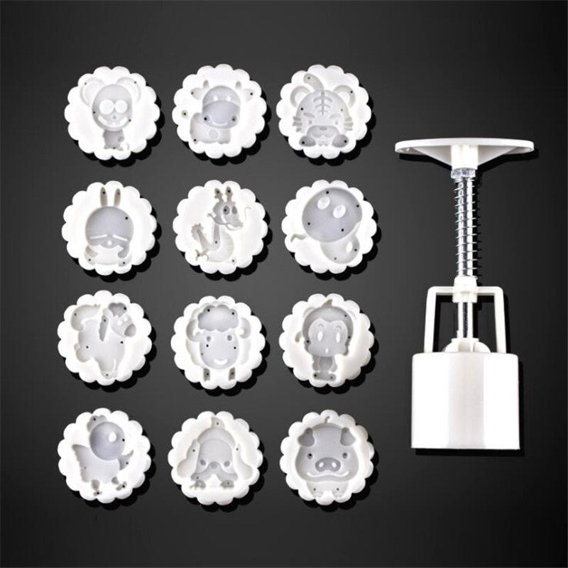 50g 12Pcs Animal Stamps Round Pastry Moon Cake Mold Cookies Mooncake Mould DIY Baking Tool Decor