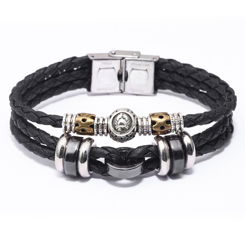 12 Constellation Stainless Steel Buckle Cowhide Leather Rope Woven Men's Bracelet