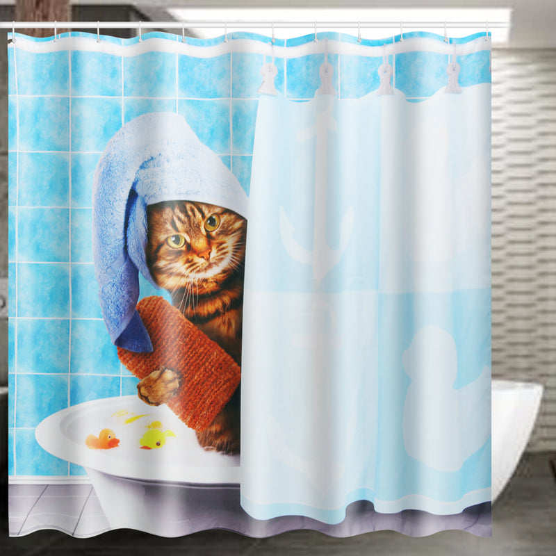Cat Bathing Bathroom Shower Curtain Waterproof Fabric With 12 Hooks