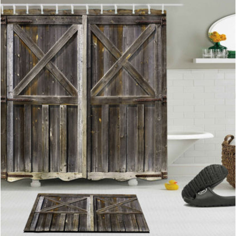 70.9" x 70.9" Rustic Wooden Barn Door Waterproof Shower Curtain Bathroom Mat