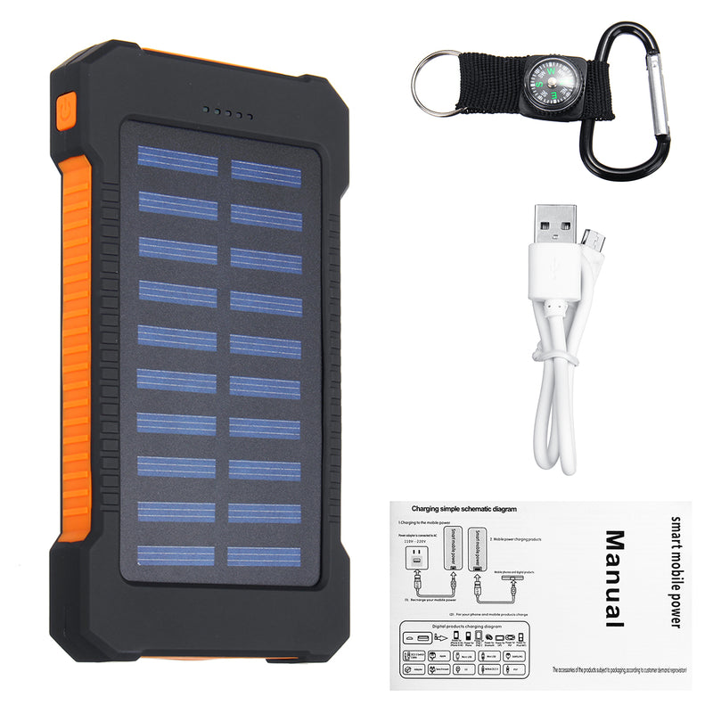 LED Compass Waterproof 6000mAh 2 USB Portable Solar Battery Charger Solar Power Bank Climbing Hook