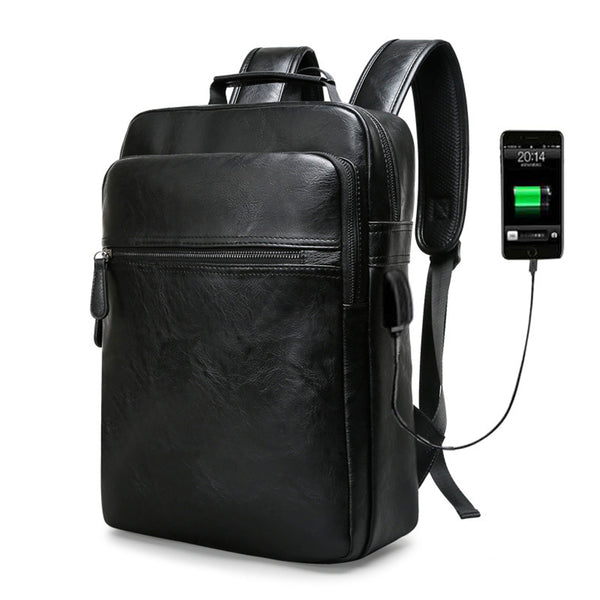 13L Outdoor Business Travel USB Laptop Backpack Waterproof PU Leather Shoulder Bag