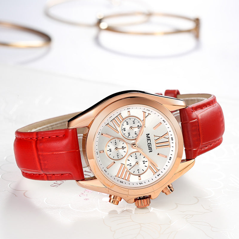 MEGIR 2114 Chronograph Genuine Leather Luxury Retro Women Watch Wristwatch Quartz Watch