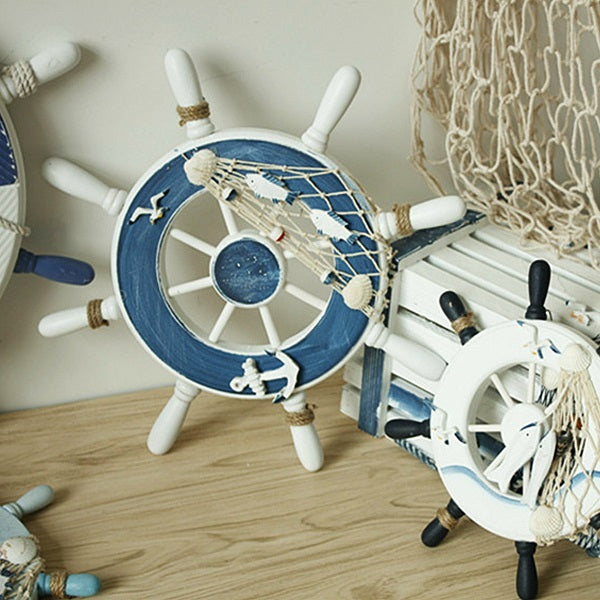 Wooden Boat Ship Steel Ring Wheel Wall Plaque Nautical Beach Tropical Decor