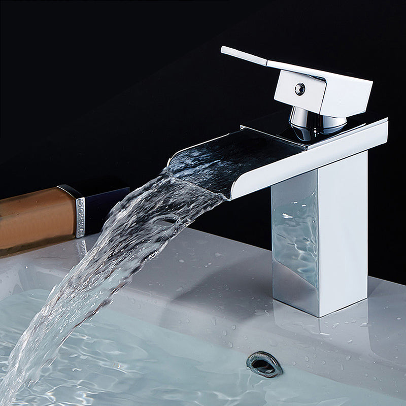 Chrome One Handle Waterfall Tap Bathroom Basin Sink Faucet Square Mixer Hot&Cold Tap