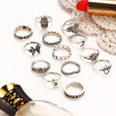 13 Pcs Women's Retro Carved Hollow Elephant Palm Mosaic Lotus Rhinestone Rings