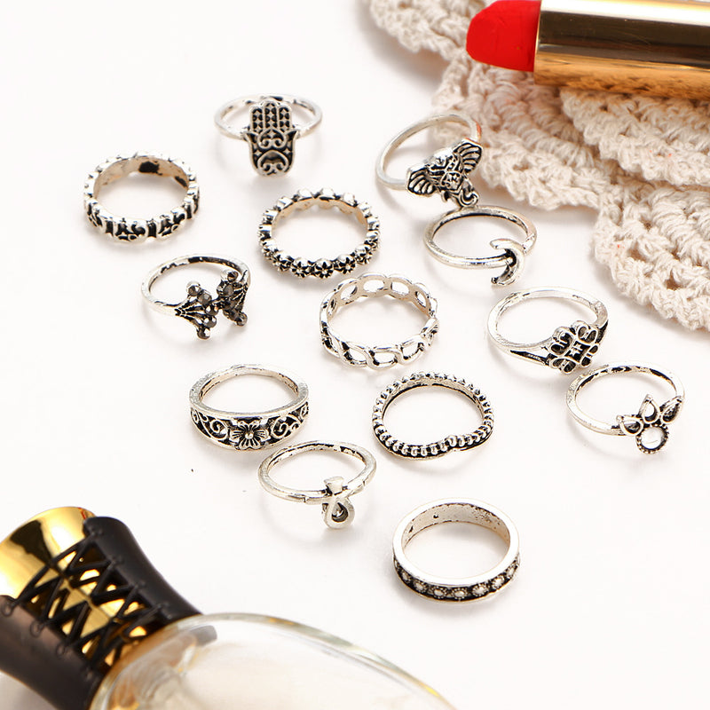 13 Pcs Women's Retro Carved Hollow Elephant Palm Mosaic Lotus Rhinestone Rings