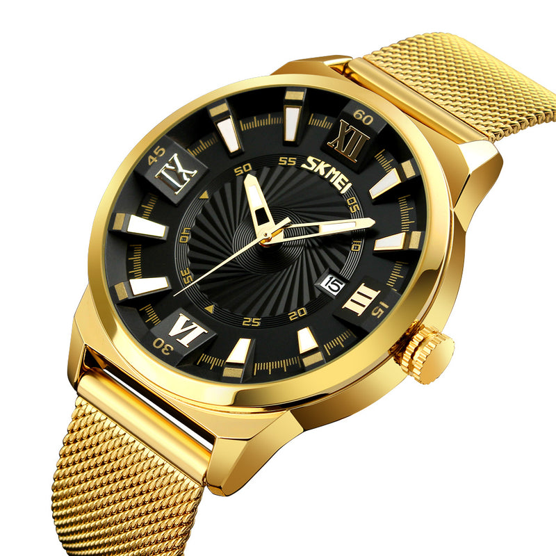 SKMEI 9166 Gold Case Business Style Men Wrist Watch Milan Stainless Steel Quartz Watches