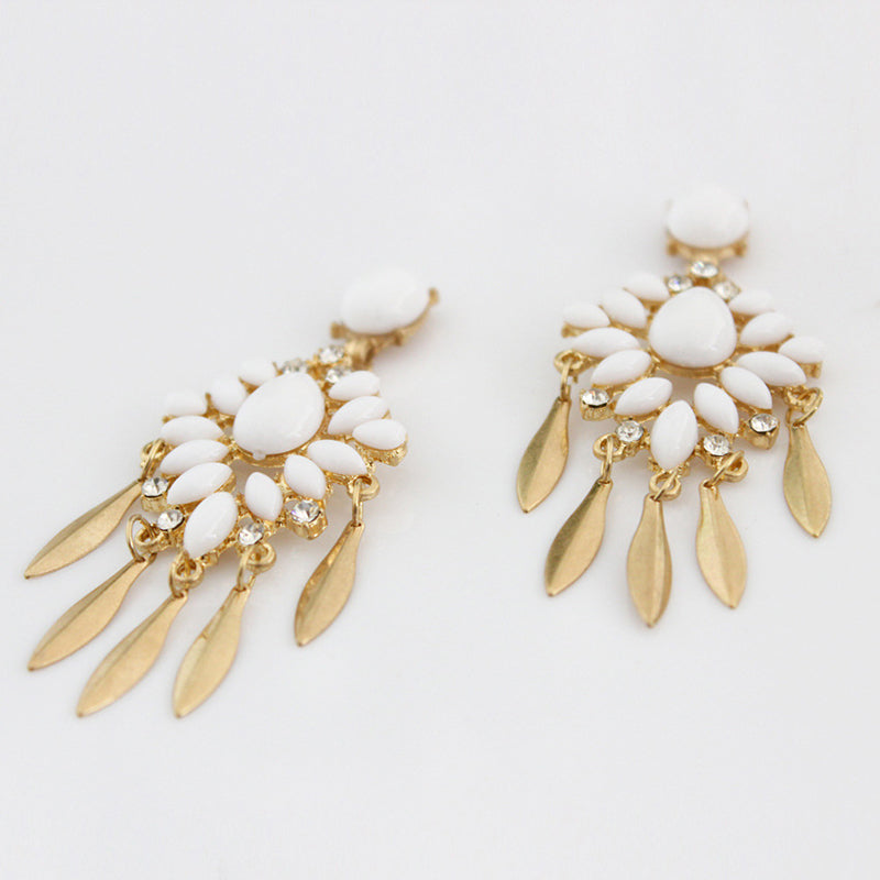 Bohemian White Gem Drop Earrings Snow Flower Tassels Earring For Women