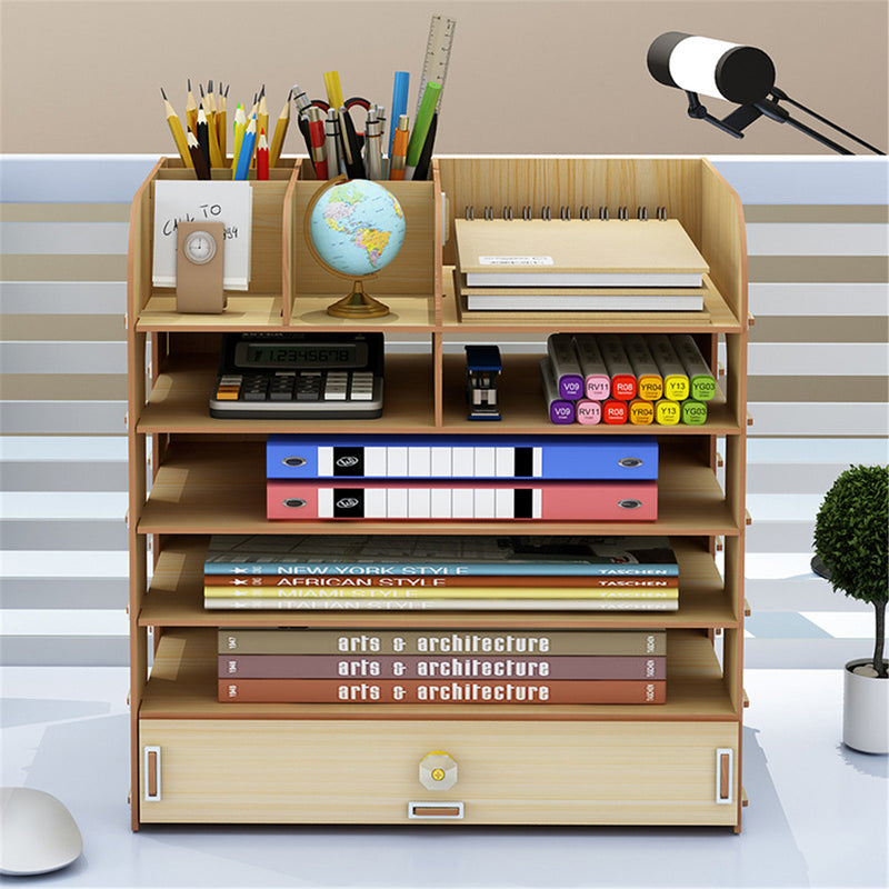 Wooden File Books Holder Bookshelf Desktop Organizer Storage Shelf File Tray Pen Pencil Holder Office School Home Supplies