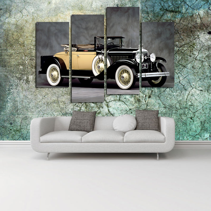 Miico Hand Painted Four Combination Decorative Paintings Retro Yellow Car Wall Art For Home Decoration