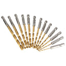 13pcs 1/4 Inch Hex Shank 1.5-6.5mm HSS Titanium Coated Drill Bit Set