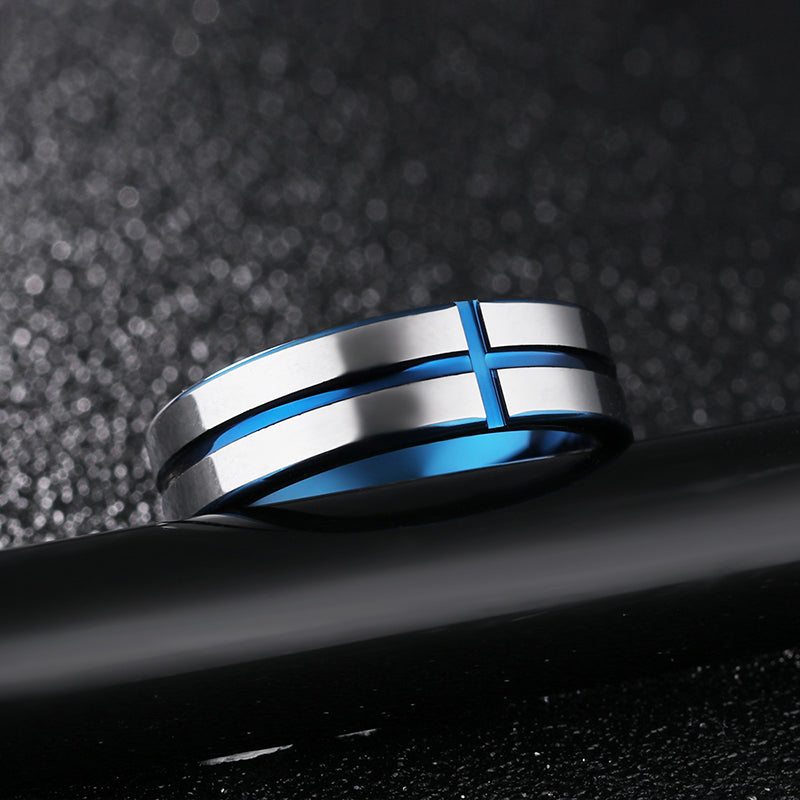 6mm Tungsten Steel Men Ring Blue Cross Simple Trendy Jewelry