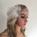 White Diamond Flapper Girls With Feather Plume Headband HairPiece