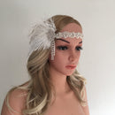 White Diamond Flapper Girls With Feather Plume Headband HairPiece