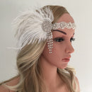 White Diamond Flapper Girls With Feather Plume Headband HairPiece