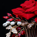Wedding Bridal Pearl Hair Comb Red Rose Crystal Headpiece Hair Accessory 10 x 9cm