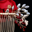 Wedding Bridal Pearl Hair Comb Red Rose Crystal Headpiece Hair Accessory 10 x 9cm