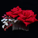 Wedding Bridal Pearl Hair Comb Red Rose Crystal Headpiece Hair Accessory 10 x 9cm