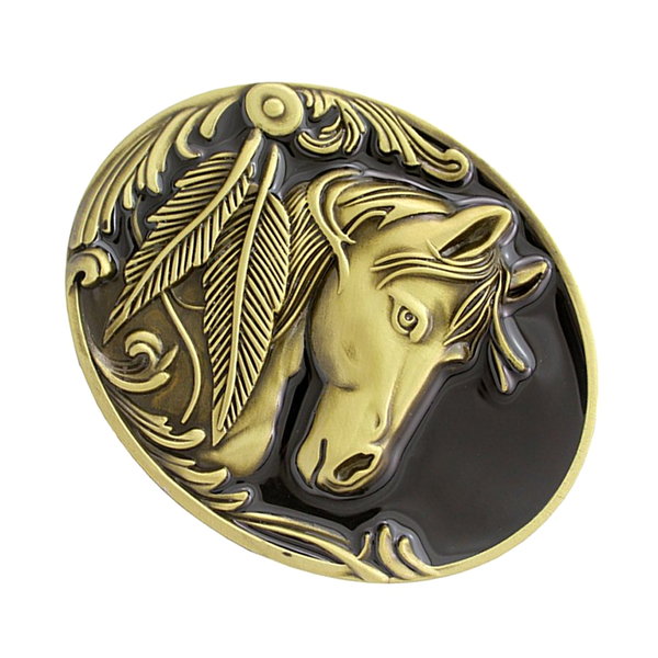 Western Belt Buckle Replacement - Engraved Horse Head - Oval Cowboy Belt Buckle