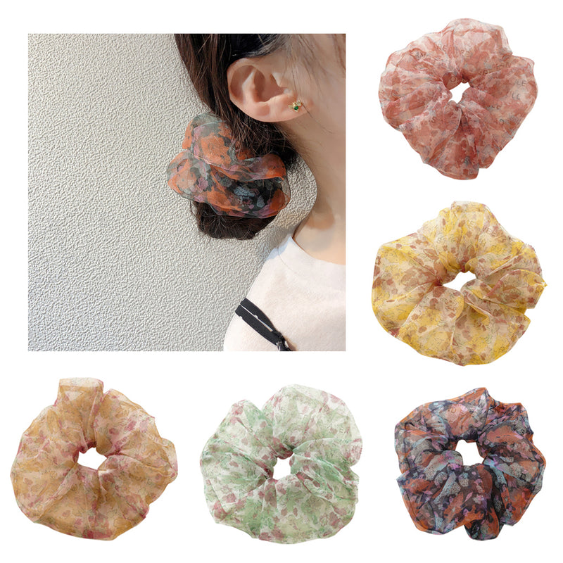 Women Chiffon Flower Scrunchies Elastic Hair Bands Ponytail Holder - Pack of 5