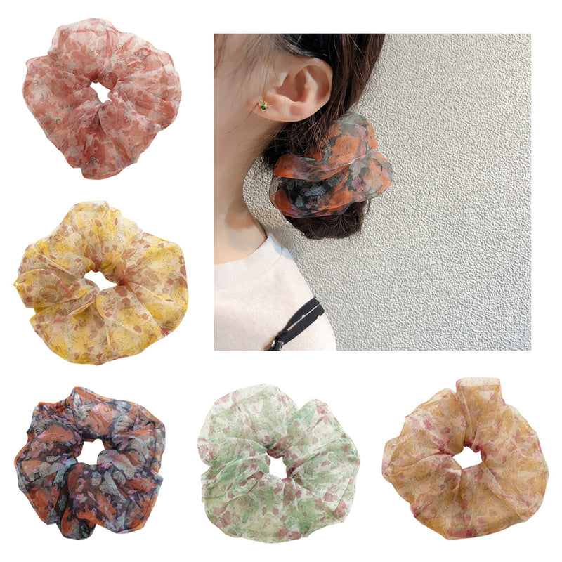Women Chiffon Flower Scrunchies Elastic Hair Bands Ponytail Holder - Pack of 5