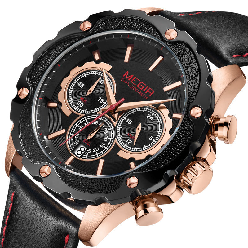 MEGIR 2070 Sport Style Chronograph Luminous Display Leather Men Quartz Watch