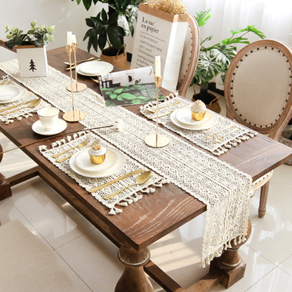 Beige Crochet Lace Table Runner Tassel Wedding Decorations Hollow Tablecloth Party Decor