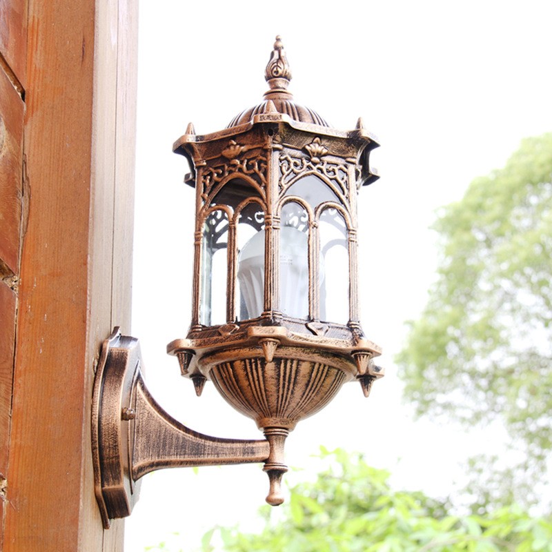 Outdoor Bronze Antique Exterior Wall Light Fixture Aluminum Glass Lantern Garden Lamp