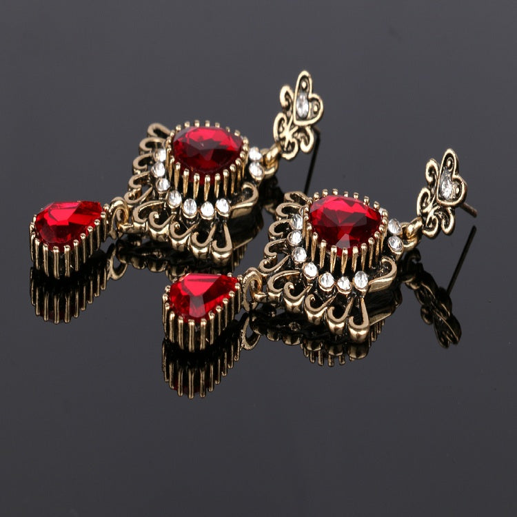 Ethnic Tassel Earring Openwork Drop-shaped Ruby Glass Crystal Temperament Earrings for Women