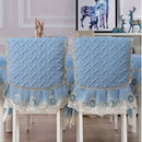 A Set of Light Blue Fresh Style Chair Cushion + Backrest Cover for Dining Room Chairs with Clear Golden Lace Decoration