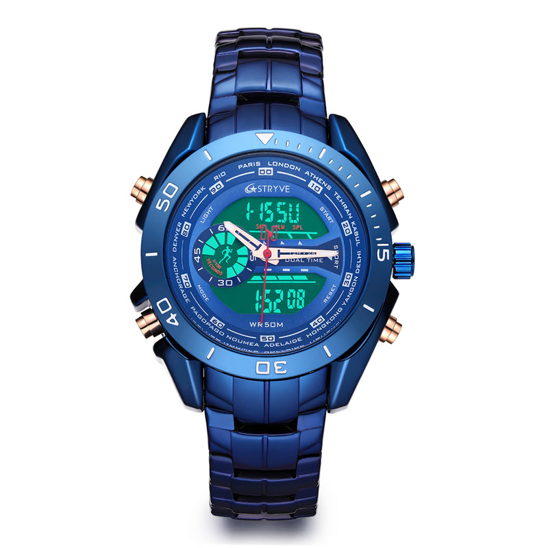 STRYVE S8019 Men Luminoud Display Alarm Clock Chronograph Sport Steel Strap Dual Display Digital Watch