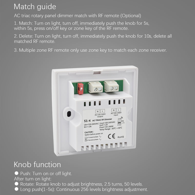 LUSTREON AC100-240V 1CH Wall Mount Rotary Panel Manual Triac LED Dimmer Controller Switch