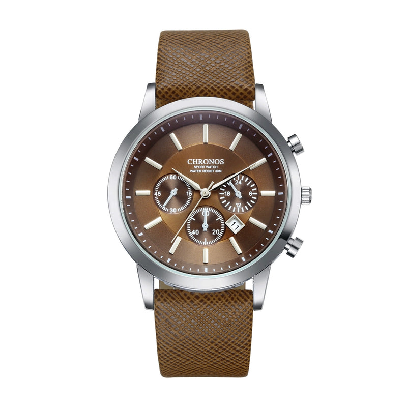 CHRONOS Casual Style Calendar Men Wrist Watch False Small Dials Leather Strap Quartz Watch