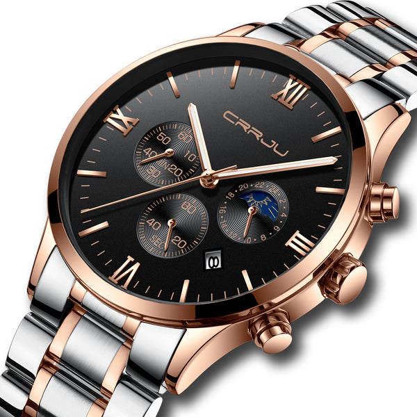 CRRJU 2159 Creative Sun Moon Men Business Style Chrono 316L Stainless Steel Strap Quartz Watch