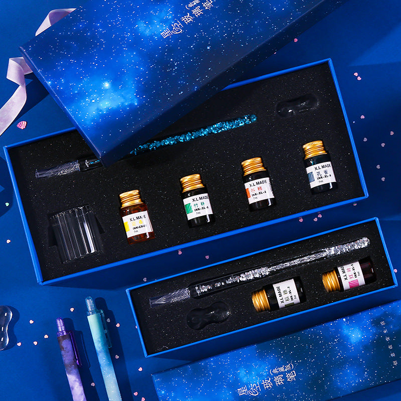 Zanmoo S0009 Dreamy Glass Dipped Ink Fountain Pen Gift Set 4/7 Pcs Per Set Creative Quick Sand Glass pen Crystal Pen Set