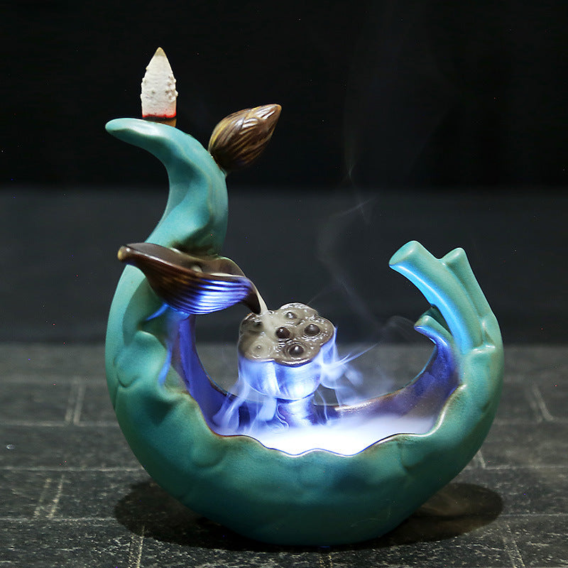 Ceramic LED Light Lotus Pond Incense Smoke Burner Backflow Incense Holder w/ 10 Cones