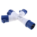 220V 32 AMP 3 Pin Industrial Plug Socket 3 Way Splitter IP44 Waterproof 2P+E