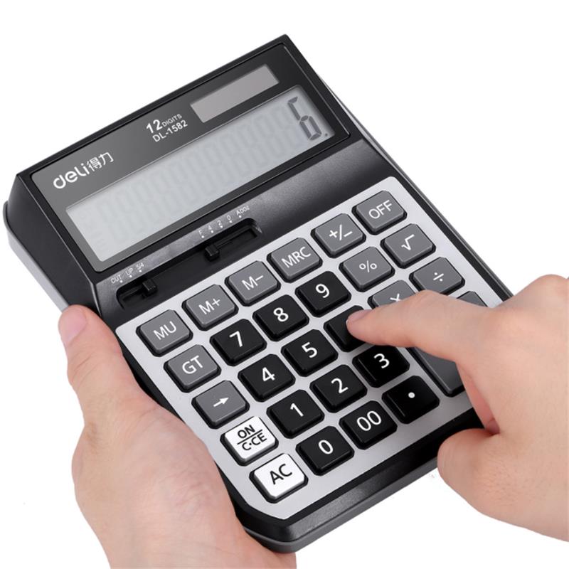 XIAOMI Ecosystem Deli 1582 Calculator 12 Digit Dual Power Battery and Solar Powered Metal Panel Automatic On/Off Business Finance Office School Desktop Voice Calculator