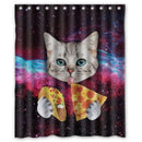 Space Nebula Cat Eating Pizza Home Bathroom Shower Curtain Polyester Hook Set