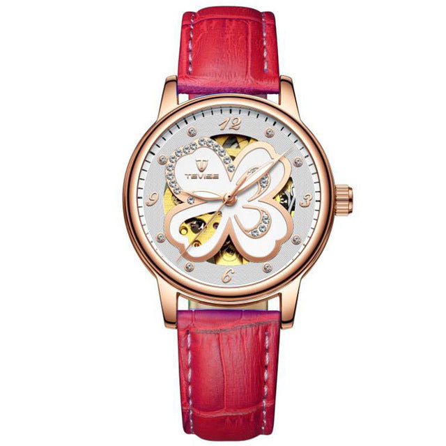 TEVISE T835A Women Automatic Mechanical Watch Fashionable Genuine Leather Band Watch