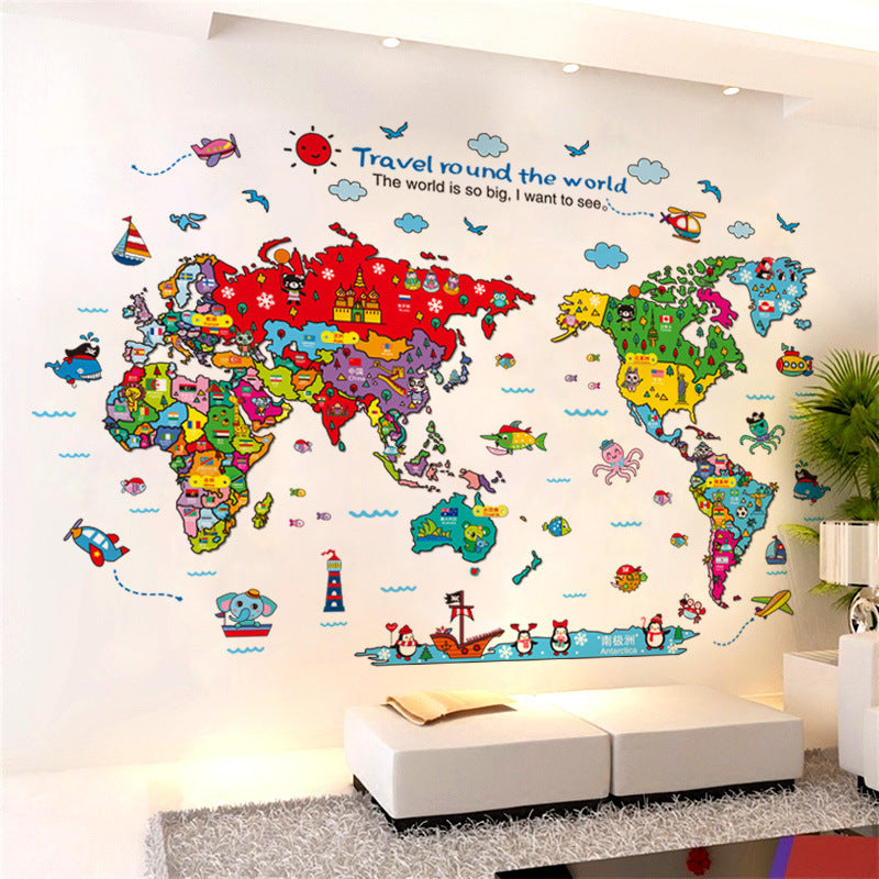 Cartoon Animals World Map Wall Stickers for Kids Room Decorations Safari Mural Art Zoo