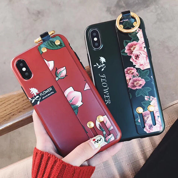 Fashion Flower Pattern Strap Ring Grip Stand Protective Case For iPhone XR/XS/XS Max/X/8/8 Plus/7/7 Plus/6s/6s Plus/6/6 Plus