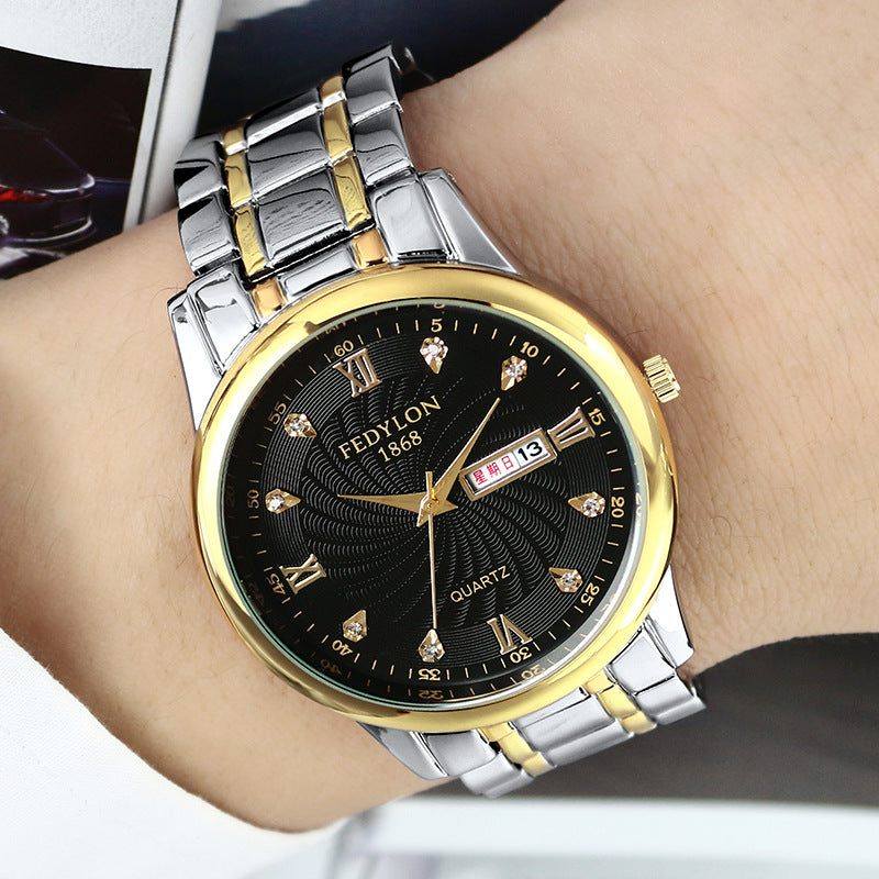 FEDYLON Men Fashion Style Full Steel Week Day Display Crystal Dial Quartz Watch