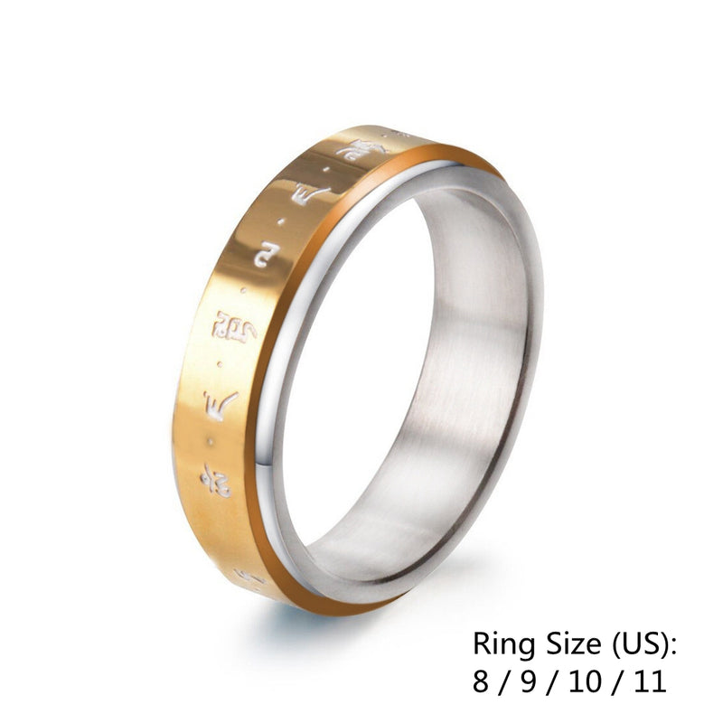Men's Rotatable Ring Titanium Steel Buddhist Gold Tone Mantra Pattern Spinner Lucky Ring