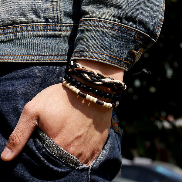 3Pcs Hemp Woven Vintage Multi-layer Men's Bracelet