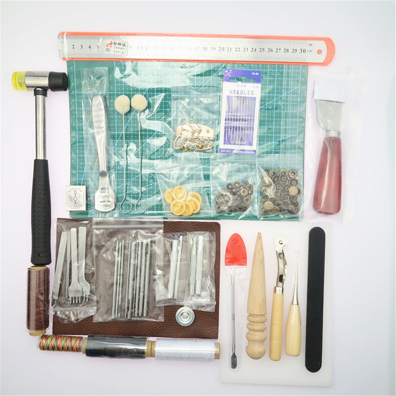 1 Set Leather Tools Craft DIY Hand Stitching Kit with Groover Awl Waxed Thimble Thread Cutting Board for Sewing Leather, Canvas or Other Leathercraft Projects