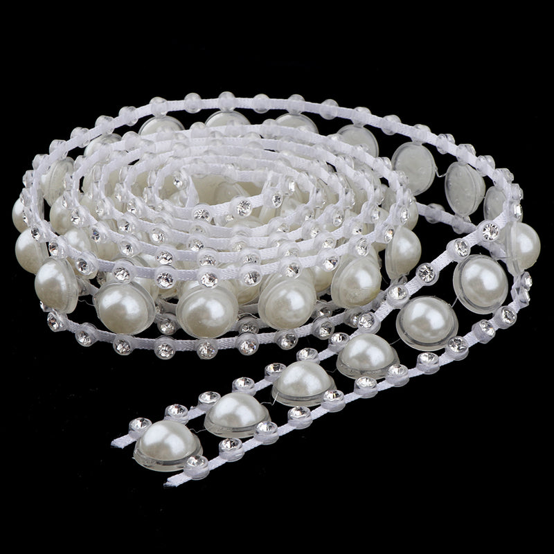 1 Yard Faux White Pearl Trim With Round Diamante Decorative Ribbon for Sewing DIY Crafts